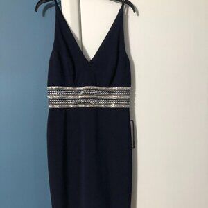 Xscape Navy Blue Lined Dress with Crystal Banded Embellished Waist Sz 8 NWT